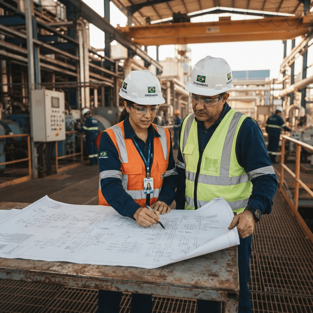 Engenheiros da Kaiowá Engenharia analisando projetos elétricos em campo