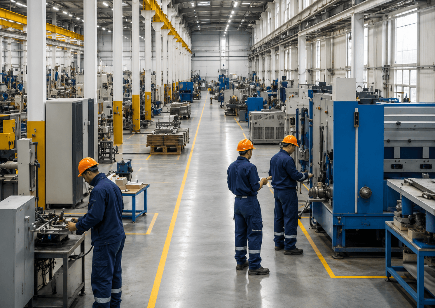Interior de fábrica de transformadores com controle de acesso e CFTV