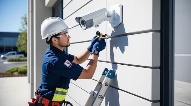 Técnico instalando câmera de segurança em fachada