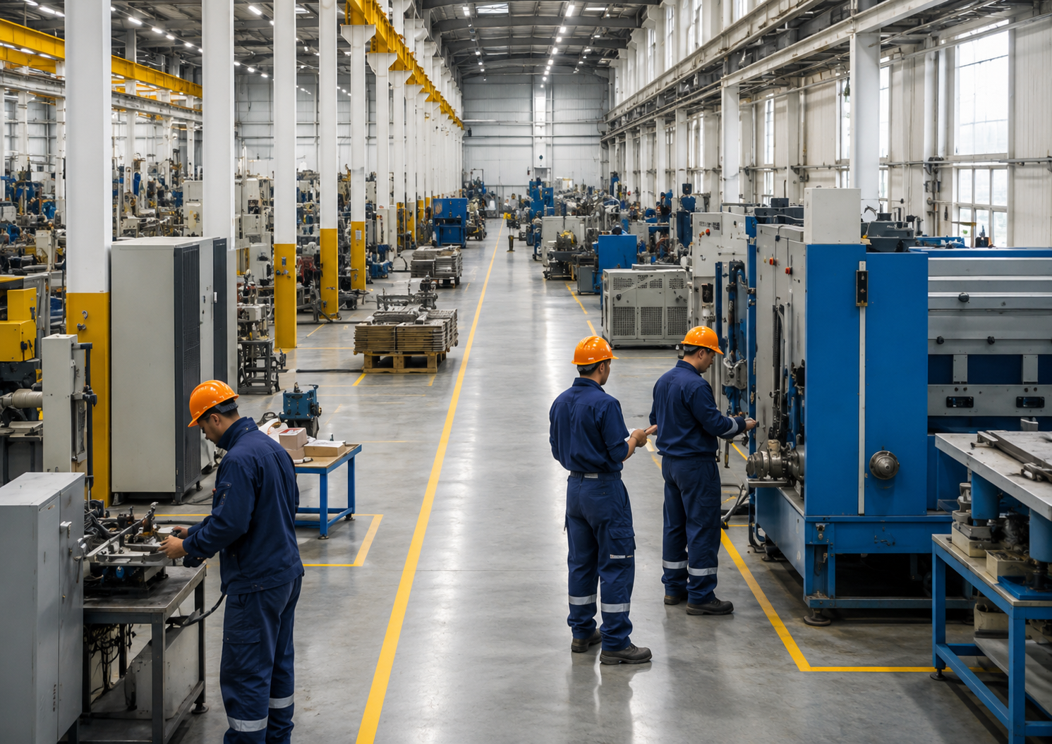 Interior de fábrica de transformadores com controle de acesso e CFTV
