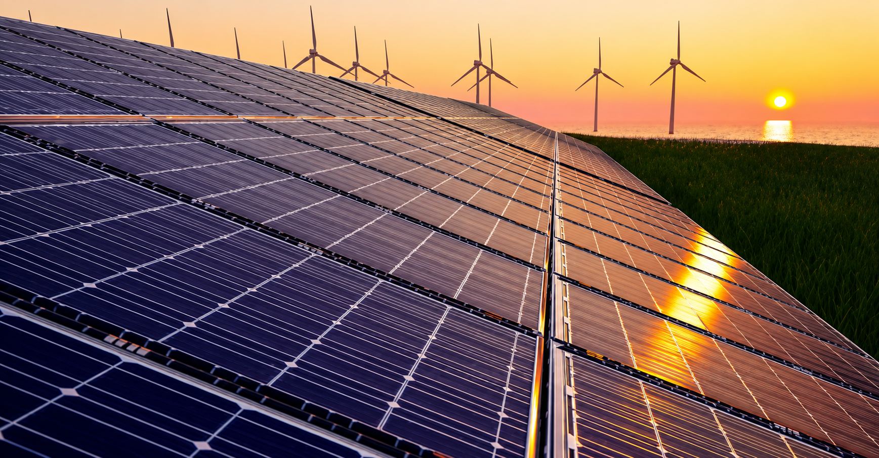 Usina fotovoltaica com fileiras de painéis solares e câmera de segurança